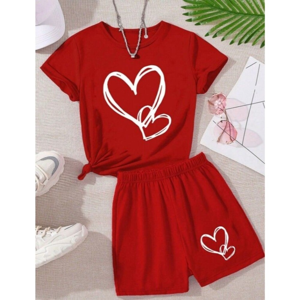 Red Heart Pajama Set 2 Piece Shorts T-Shirt Girls XXS XS Tween Lounge Set